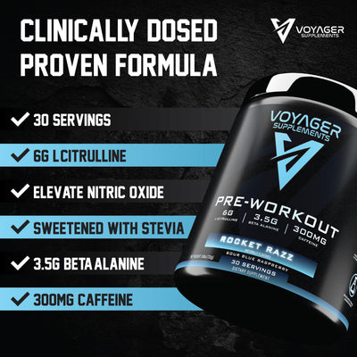 Voyager Pre-Workout Rocket Razz – Creatine-Free Powder w/L-Citrulline, Beta-Alanine, Caffeine – Supports Energy, Endurance & Focus – 30 Servings – No Artificial Fillers – GMP Certified