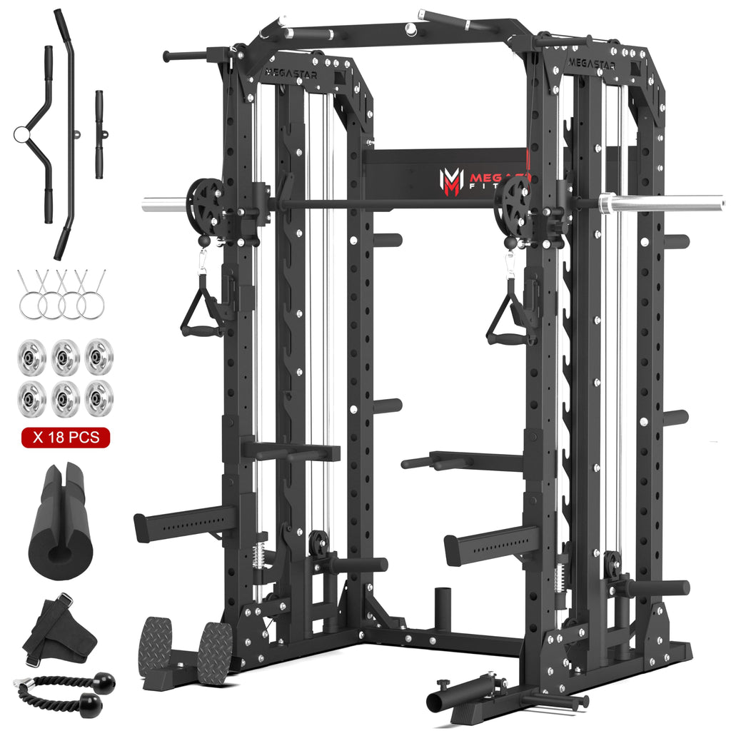 Smith Machine Home Gym with Aluminum Pulley Set- 2000lbs Capacity All-in-One Power Rack with Cable Crossover, Pull-Up Bar & Dip Station, Includes 18 Attachments, P107 Anvil