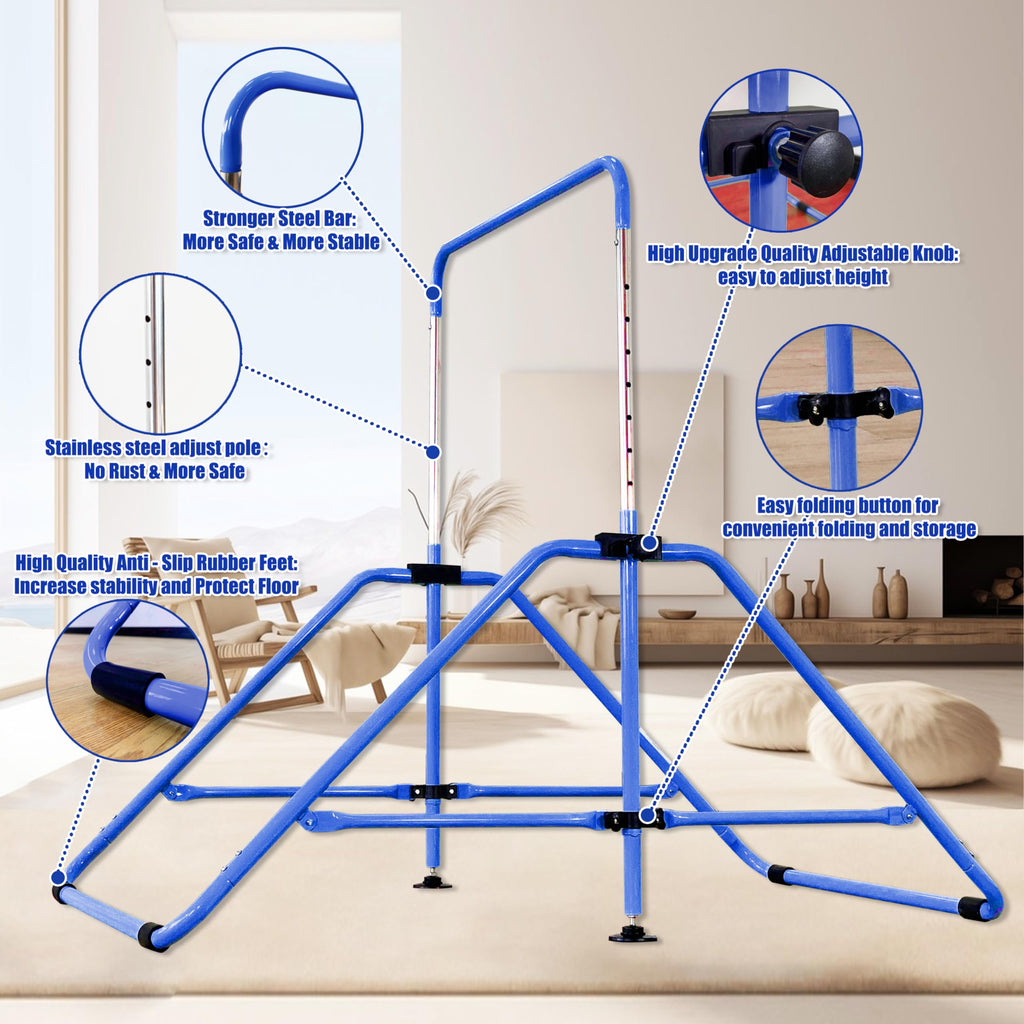 MARFULA Foldable Gymnastic Bar for Kids Ages 3-9, 9 Height Levels, 200 lbs Weight Capacity, 5 Ft Length Gymnastic Kip Bar with Mat, Gymnastic Equipment for Home and Gym Center Indoor Outdoor Use