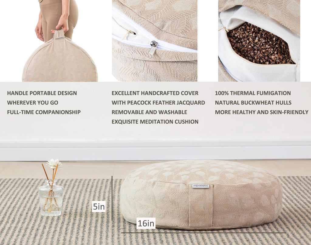 Meditation Cushion, Comfortable Meditation Pillow with Peacock Feather Jacquard Cover. Buckwheat Hull Filled Zafu Floor Pillow 16 * 16 * 5 in