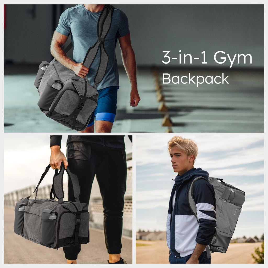 Gym Bag for Men with 2 Upgraded Bottle Holders Convertible Duffle Bag and Gym Backpack Waterproof Sports Bags with Shoes Compartment and Wet Pocket - Black