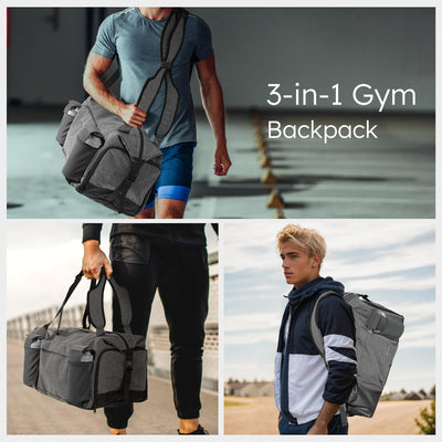 Gym Bag for Men with 2 Upgraded Bottle Holders Convertible Duffle Bag and Gym Backpack Waterproof Sports Bags with Shoes Compartment and Wet Pocket - Black