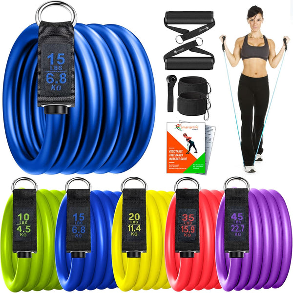 SmarterLife Resistance Bands with Handles, Physical Therapy Strap, Exercise Band to Tone Arms, Legs, Chest, Booty - 5 Exercise Bands with Handles, Ankle Straps, No-Slip Door Anchor, Storage Bag