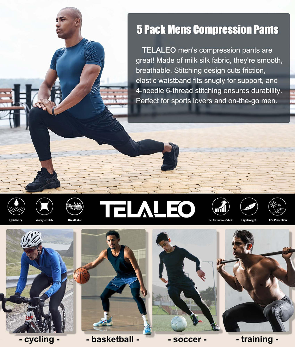 TELALEO 5 Pack Men's Compression Pants for Workout, Running,Basketball,Football-Sports Baselayer Leggings