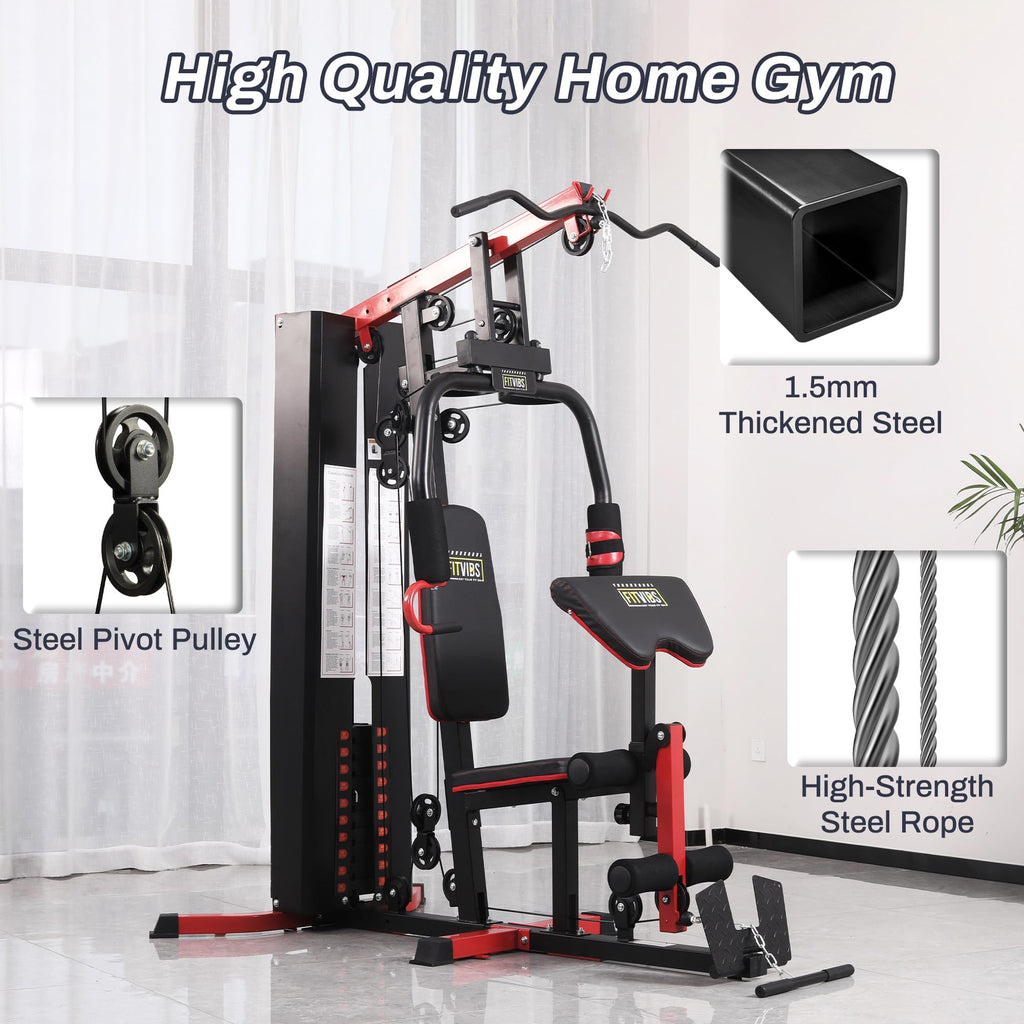 Fitvids Home Gym Equipment, Multifunctional Full Body Workout Weight Machine Station with Weight Stack, All in One Exercise Equipment with Pulley System & Seated Rowing for Home Gym Strength Training