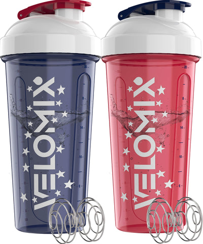 VELOMIX -2 Pack- 28 oz Protein Shaker Bottles for Protein Mixes - 2x Wire Whisk | Leak Proof Shaker Cups for Protein Shakes | Protein Shaker Bottle Pack (Black/Transparent)