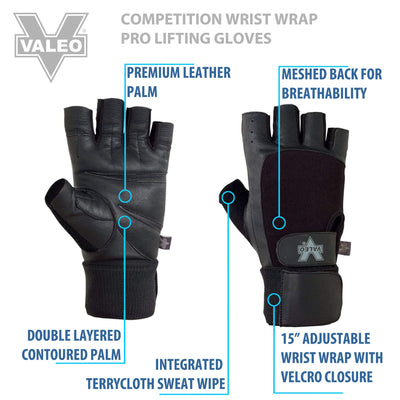 Valeo Competition Wrist Wrap Lifting Gloves with Durable Leather Construction, Reinforced Stitching, and Double Leather Padded Palms