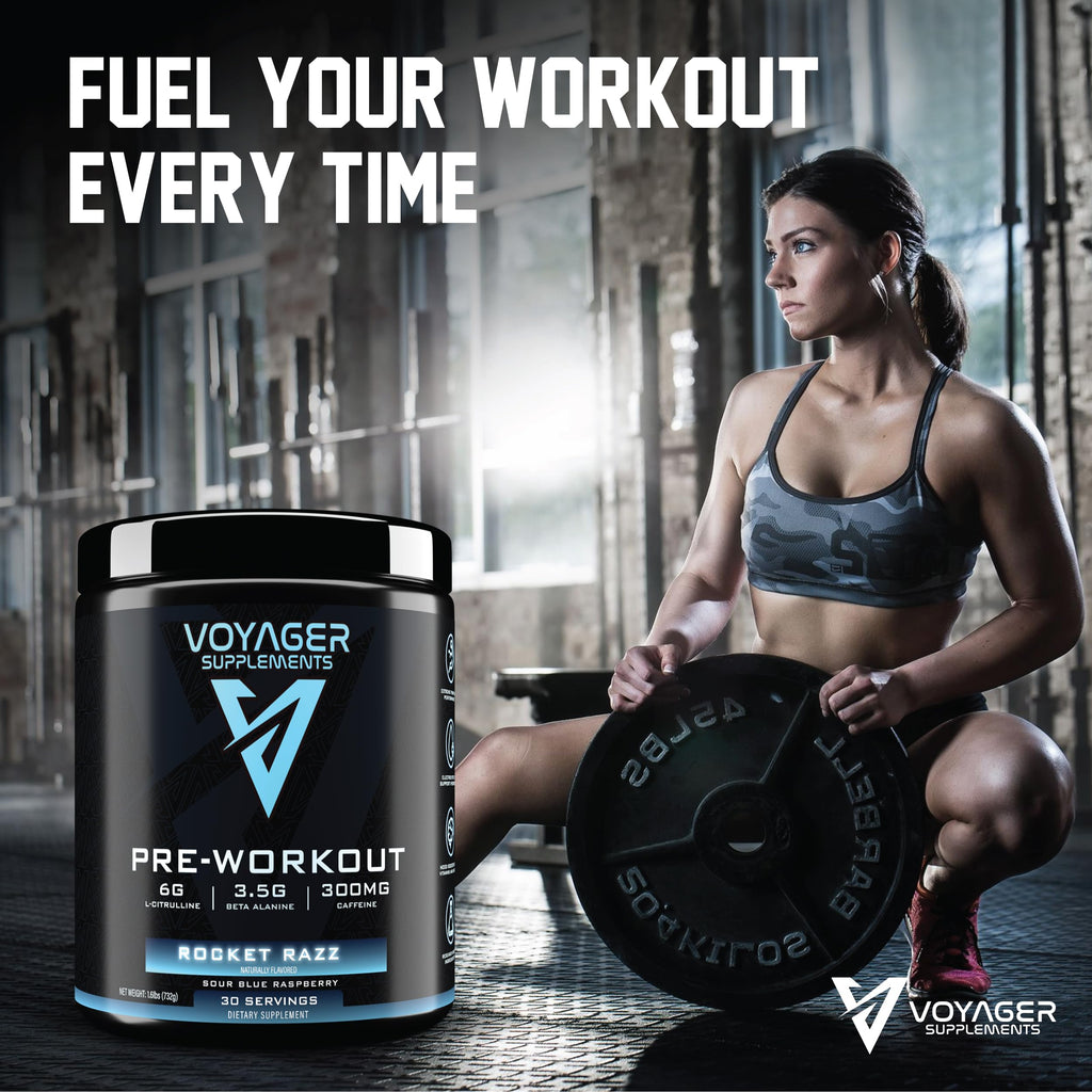Voyager Pre-Workout Rocket Razz – Creatine-Free Powder w/L-Citrulline, Beta-Alanine, Caffeine – Supports Energy, Endurance & Focus – 30 Servings – No Artificial Fillers – GMP Certified