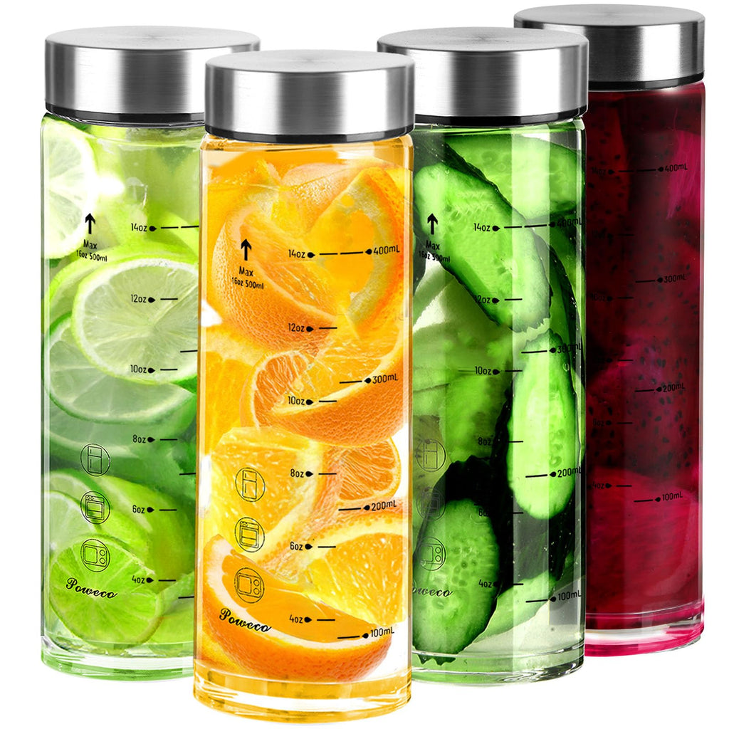 Glass Juice Bottles 4 Pack 20 oz - Wide Mouth Glass Water Bottles with Lids - for Juicing, Protein, Smoothie, Milk, Reusable, BPA Free, Stainless Steel Lids, Blender, Shaker Bottle (20oz/600ml)