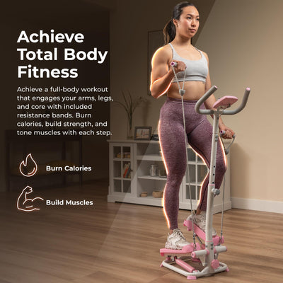Sunny Health & Fitness Total Body 2-in-1 Smart Stepper Machine for Home with Handlebar and Resistance Bands, Total Body Workout, Adjustable Hydraulic, LCD Monitor, Non-Slip Pedals – 330 LB Max Weight