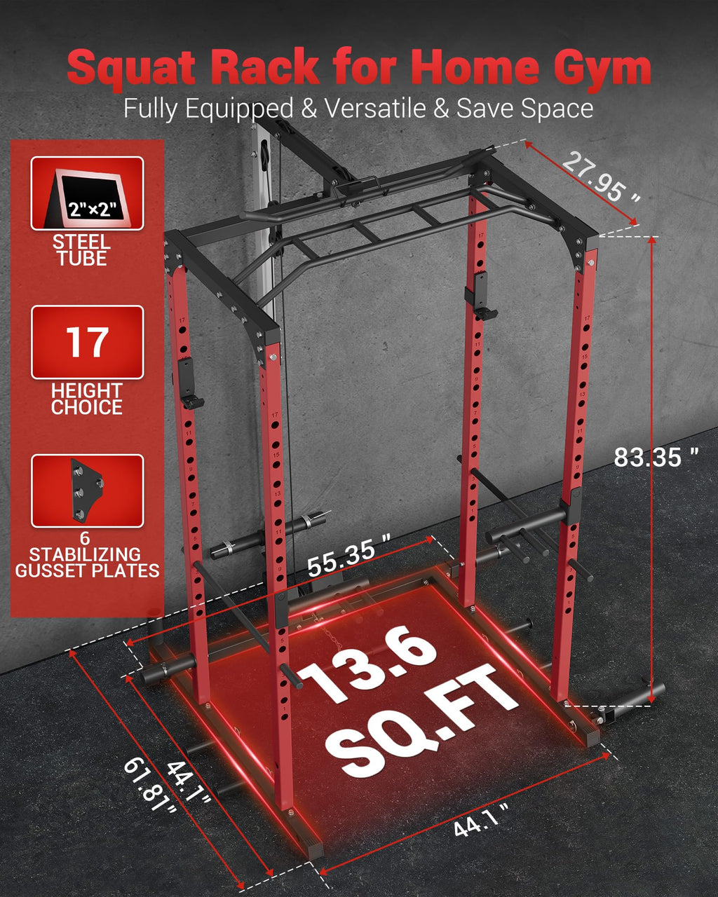 GarveeLife Power Cage, Power Racks for Home Gym with Pulley System, 1200 LBS Weight Capacity Multi-Functional Squat Rack for Strength Workout with More Training Attachment (Red D1002)