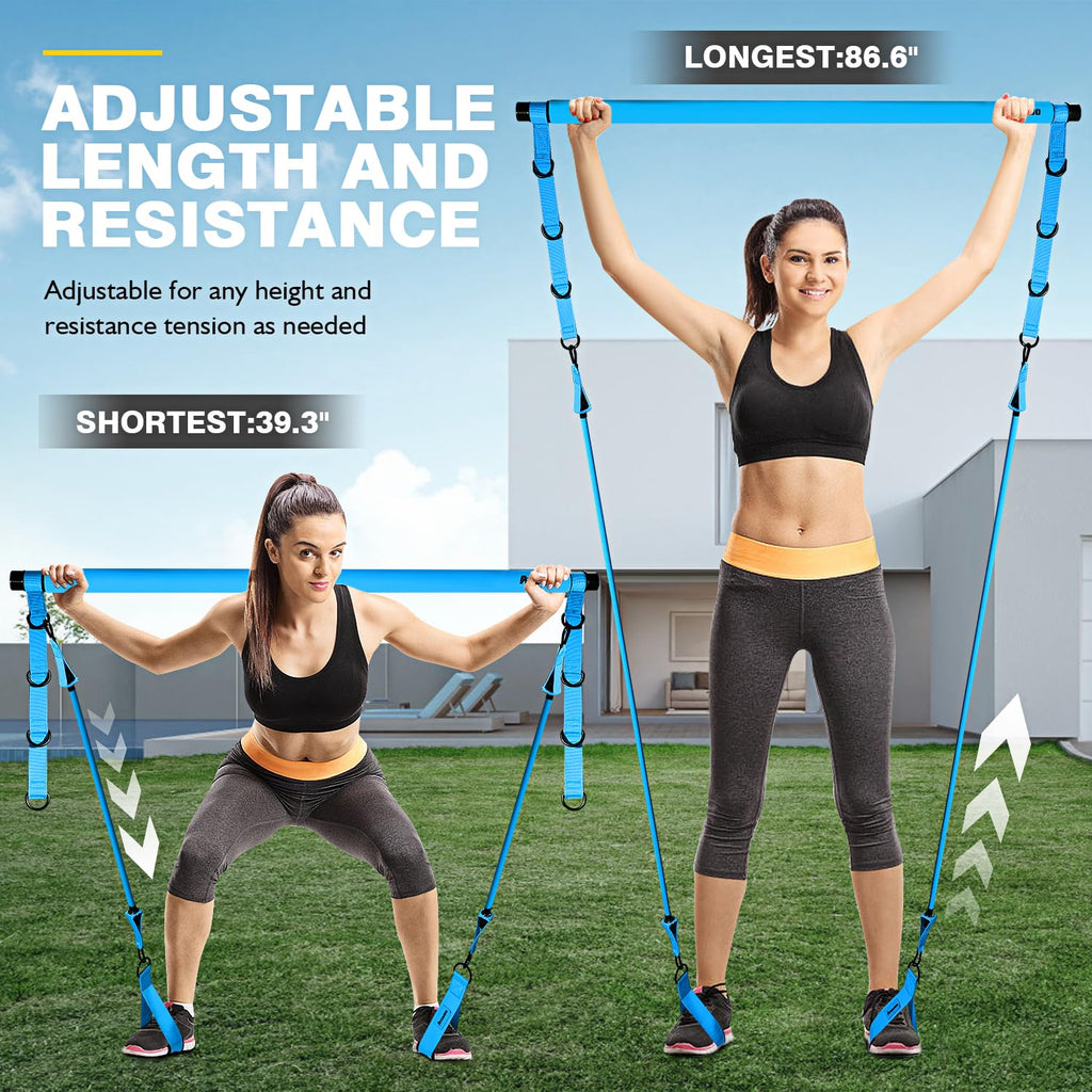 Pilates Bar Kit with Resistance Bands, Pilates Workout Equipment for Legs, Hip, Waist, Arm, Squats Exercise Equipment for Home Workouts, Adjustable 3-Section Pilates Bar Kit for Women & Men