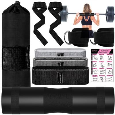 Barbell Pad Set for Squat,10 PCS Hip Thrusts Workout Foam Weight Lifting Bar Cushion with 2 Gym Ankle Straps,3 Hip Resistance Bands,2 Lifting Strap,Barbell Pad and Carry Bag