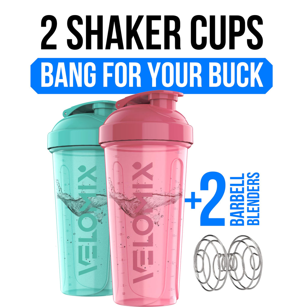 VELOMIX -2 Pack- 28 oz Protein Shaker Bottles for Protein Mixes - 2x Wire Whisk | Leak Proof Shaker Cups for Protein Shakes | Protein Shaker Bottle Pack (Black/Transparent)