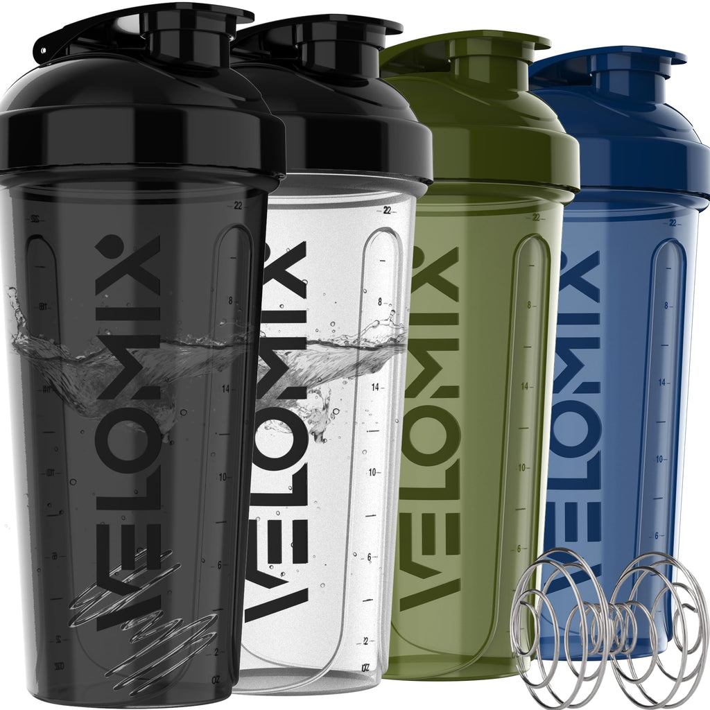 VELOMIX -4 PACK- 28 oz Protein Shaker Bottle for Protein Mixes - 4x Wire Whisk | Leak Proof Shaker Cups for Protein Shakes | Protein Shaker Bottle Pack | Protein Shake Cup (Brown)