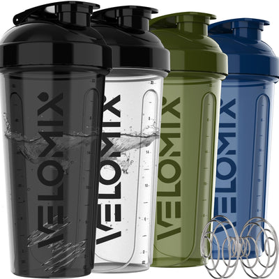VELOMIX -4 PACK- 28 oz Protein Shaker Bottle for Protein Mixes - 4x Wire Whisk | Leak Proof Shaker Cups for Protein Shakes | Protein Shaker Bottle Pack | Protein Shake Cup (Brown)