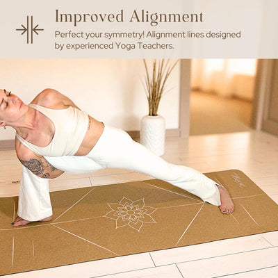 Premium Cork Yoga Mat Large 72"x26" – 5mm Thick Natural Rubber Cushioning - Non Slip Grip for Hot Yoga - Optional Alignment Lines & Elegant Yoga Bag Or Strap