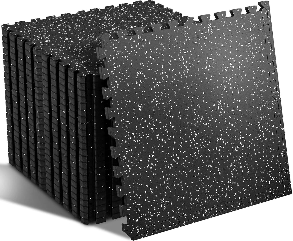 SUPERJARE 0.56'' Thick 12 Pcs 48 Sq Ft Rubber Top Exercise Equipment Mats, High Density EVA Foam Mats with Rubber Top, Interlocking Gym Flooring for Home Gym, Protective Workout Mat, Black/Grey