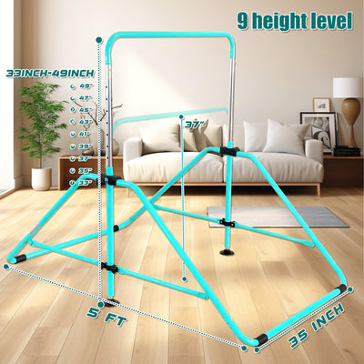 MARFULA Foldable Gymnastic Bar for Kids Ages 3-9, 9 Height Levels, 200 lbs Weight Capacity, 5 Ft Length Gymnastic Kip Bar with Mat, Gymnastic Equipment for Home and Gym Center Indoor Outdoor Use