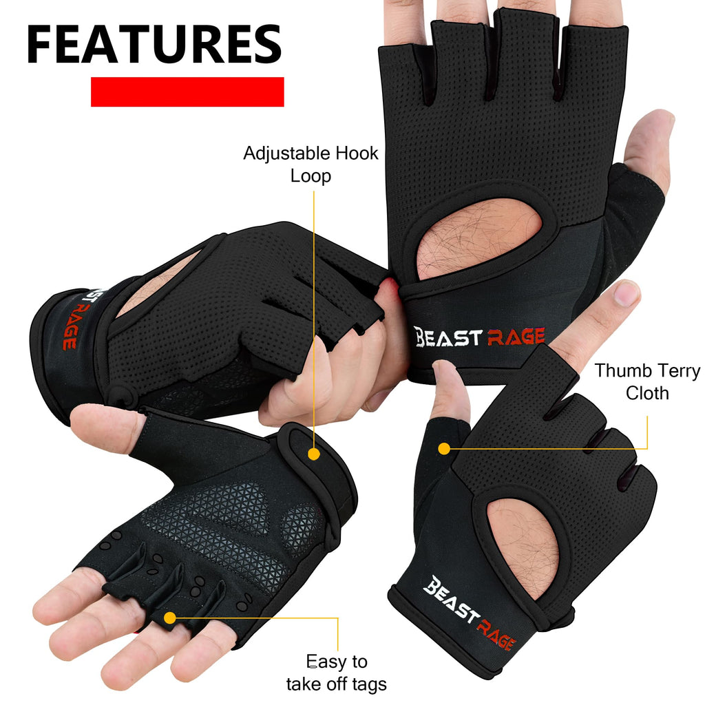 BEAST RAGE Workout Gloves for Men & Women - Fingerless Gym Gloves with Palm Protection, Breathable & Lightweight for Weightlifting, Cycling & Pull Up