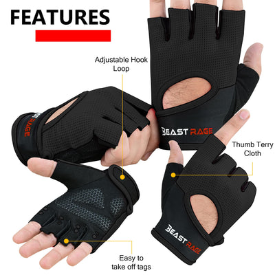 BEAST RAGE Workout Gloves for Men & Women - Fingerless Gym Gloves with Palm Protection, Breathable & Lightweight for Weightlifting, Cycling & Pull Up