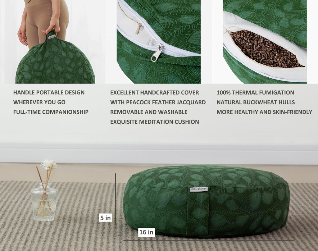 Meditation Cushion, Comfortable Meditation Pillow with Peacock Feather Jacquard Cover. Buckwheat Hull Filled Zafu Floor Pillow 16 * 16 * 5 in