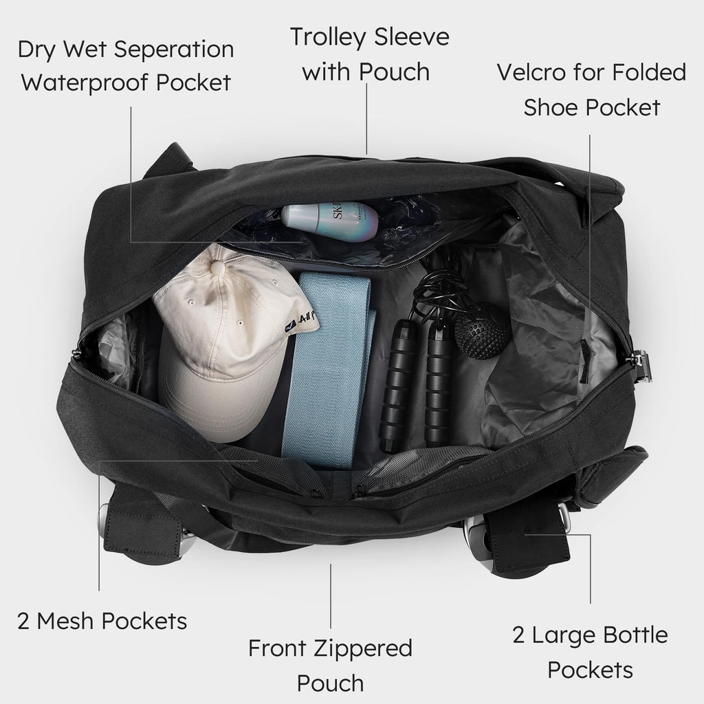 Gym Bag for Men with 2 Upgraded Bottle Holders Convertible Duffle Bag and Gym Backpack Waterproof Sports Bags with Shoes Compartment and Wet Pocket - Black