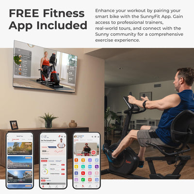 Sunny Health & Fitness Smart Heavy-Duty Recumbent Bike w/Wide Cushioned Seat & Back, Indoor Cycling Machine for Adult/Seniors Home Exercise, Free SunnyFit App Connect, Optional Workout Training Bands