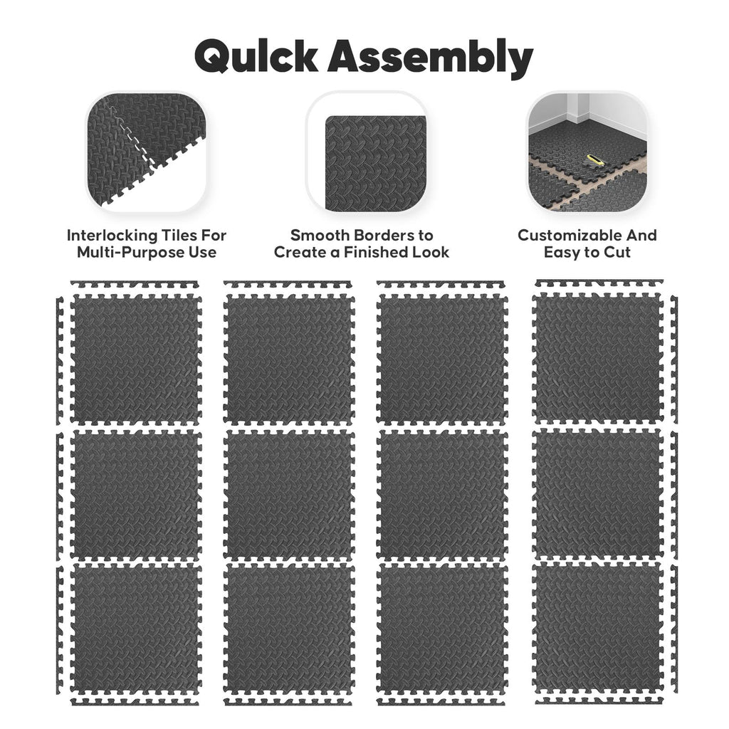 Home Gym Mat, Puzzle Exercise Mat, EVA Interlocking Foam Floor Tiles for Home Workout Equipment and Kids' Play Areas - Grey, 24 in x 24 in x ½ in - 12 Tiles (Grey, 12 Pack, 48 SQ FT)
