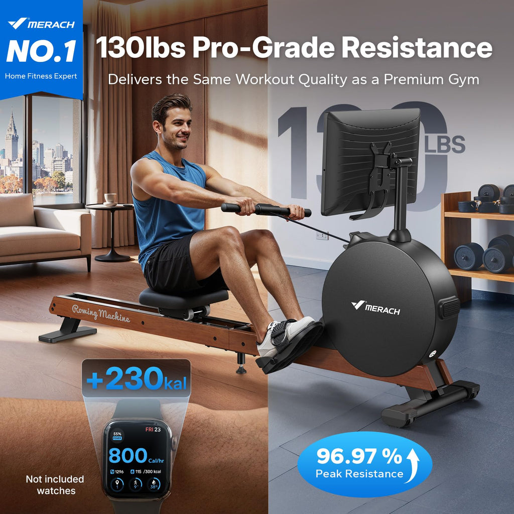 MERACH Pro-Grade Rowing Machines for Home, Smart Magnetic Rowing Machine with Self-Generation, Double Resistance and 400 LBS MAX Load, Wooden Tracks for Silent Sliding, MERACH App 1000+ Course & Games