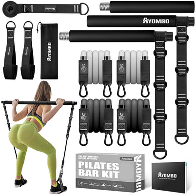 Pilates Bar Kit with Resistance Bands, Pilates Workout Equipment for Legs, Hip, Waist, Arm, Squats Exercise Equipment for Home Workouts, Adjustable 3-Section Pilates Bar Kit for Women & Men