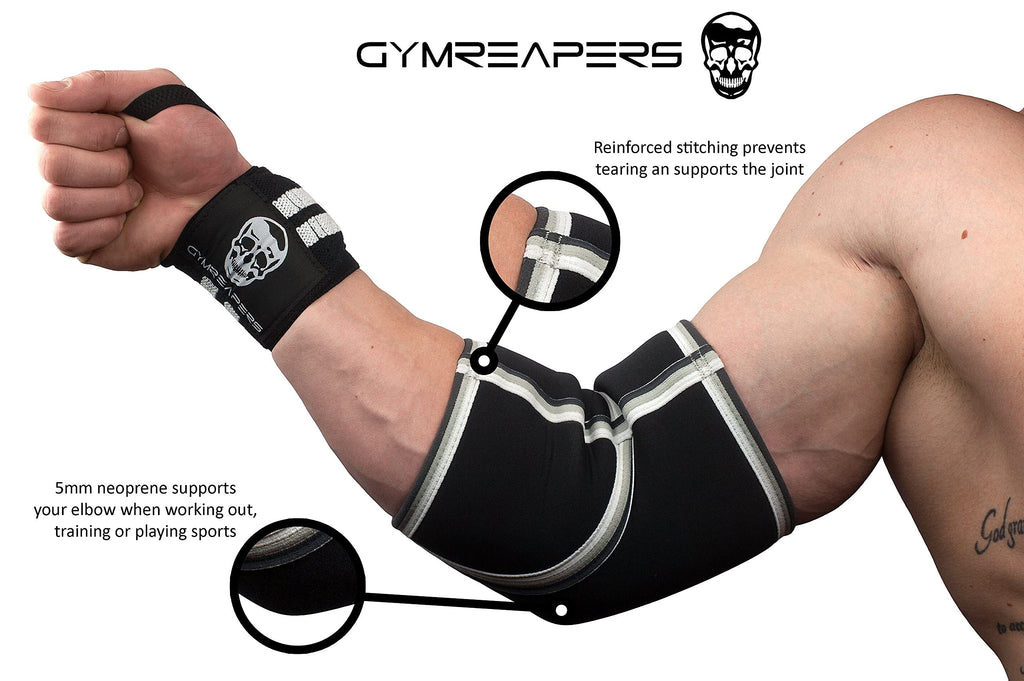 Gymreapers Elbow Sleeves for Weightlifting Powerlifting and Bench Press Support and Compression for Tendonitis Pain Relief 5mm Neoprene Training Gear for Men and Women