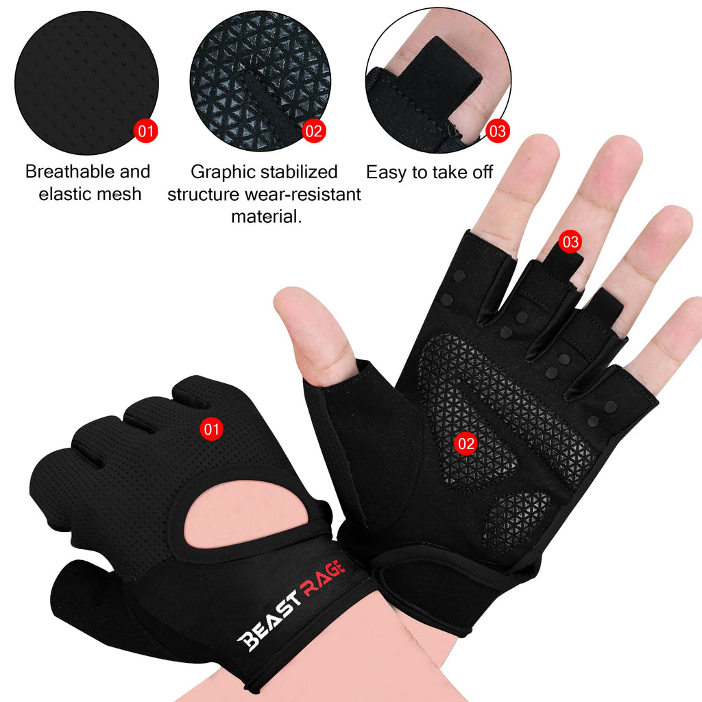 BEAST RAGE Workout Gloves for Men & Women - Fingerless Gym Gloves with Palm Protection, Breathable & Lightweight for Weightlifting, Cycling & Pull Up