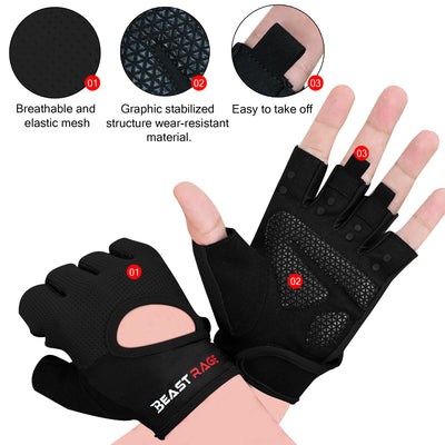 BEAST RAGE Workout Gloves for Men & Women - Fingerless Gym Gloves with Palm Protection, Breathable & Lightweight for Weightlifting, Cycling & Pull Up