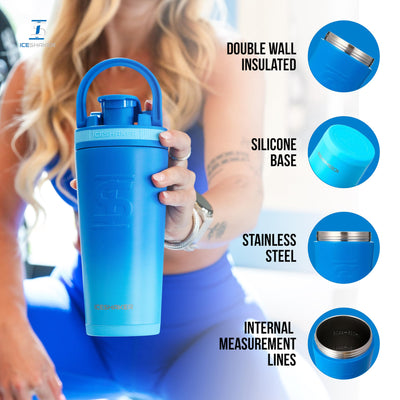 Ice Shaker Insulated Stainless Steel Shaker Bottle | 26oz, Navy/Mint | Cold for 30+ Hours | Insulated Cup with Twist-on Agitator | Odor-Free Bottle for Protein Shakes, Water, Smoothies, Cocktails