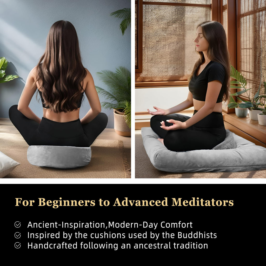 Meditation Zafu Cushion Set with Buckwheat Hulls & Memory Foam - Ergonomic Support for Yoga & Sitting - Removable Machine-Washable Luxury Velvet Cover - for Adults and Kids (Blue)