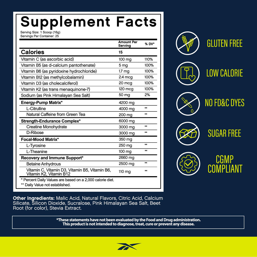 Reebok Pre-Workout Powder | 200mg Natural Caffeine, 3g Creatine Monohydrate | Clean Energy Pre Workout for Strength, Focus & Pump | Informed-Sport Certified | ReeEnergize | Sour Green Apple