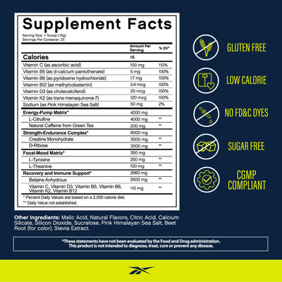 Reebok Pre-Workout Powder | 200mg Natural Caffeine, 3g Creatine Monohydrate | Clean Energy Pre Workout for Strength, Focus & Pump | Informed-Sport Certified | ReeEnergize | Sour Green Apple