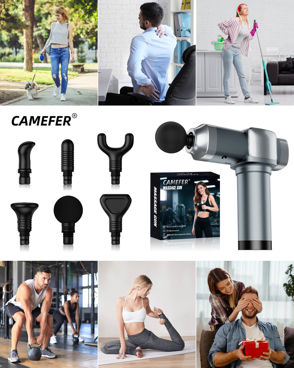 Deep Tissue Massage Gun, Portable Percussion Electric Muscle Massager for Pain Relief, Handheld Massagers with 30 Speeds & 6 Attachments for Back and Neck, Gifts for Men Women