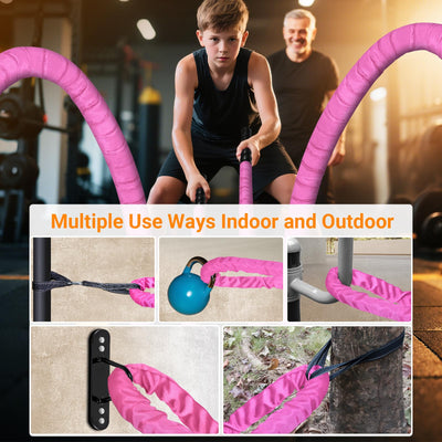Battle Rope 1/1.26/1.5/2 Inch Diameter,Pink 30FT/40FT/50FT Exercise Workout Ropes for Home Gym Heavy Weighted Training Rope for Working Out
