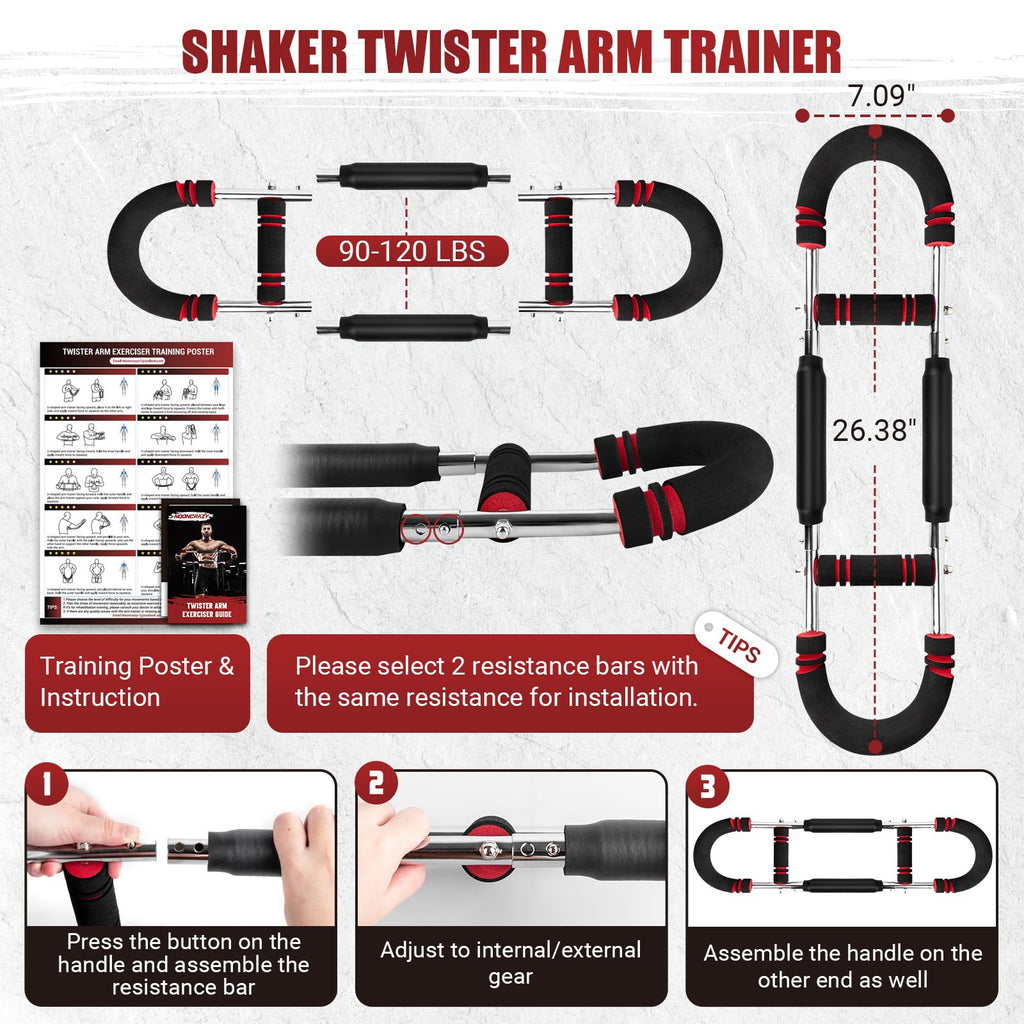 Twister Arm Trainer, Adjustable Twister Arm Chest Exerciser with 2/4 Spring & Training Poster for Men & Women, Detachable Power Twister Home Fitness Equipment for Enhancing Upper Body Muscle