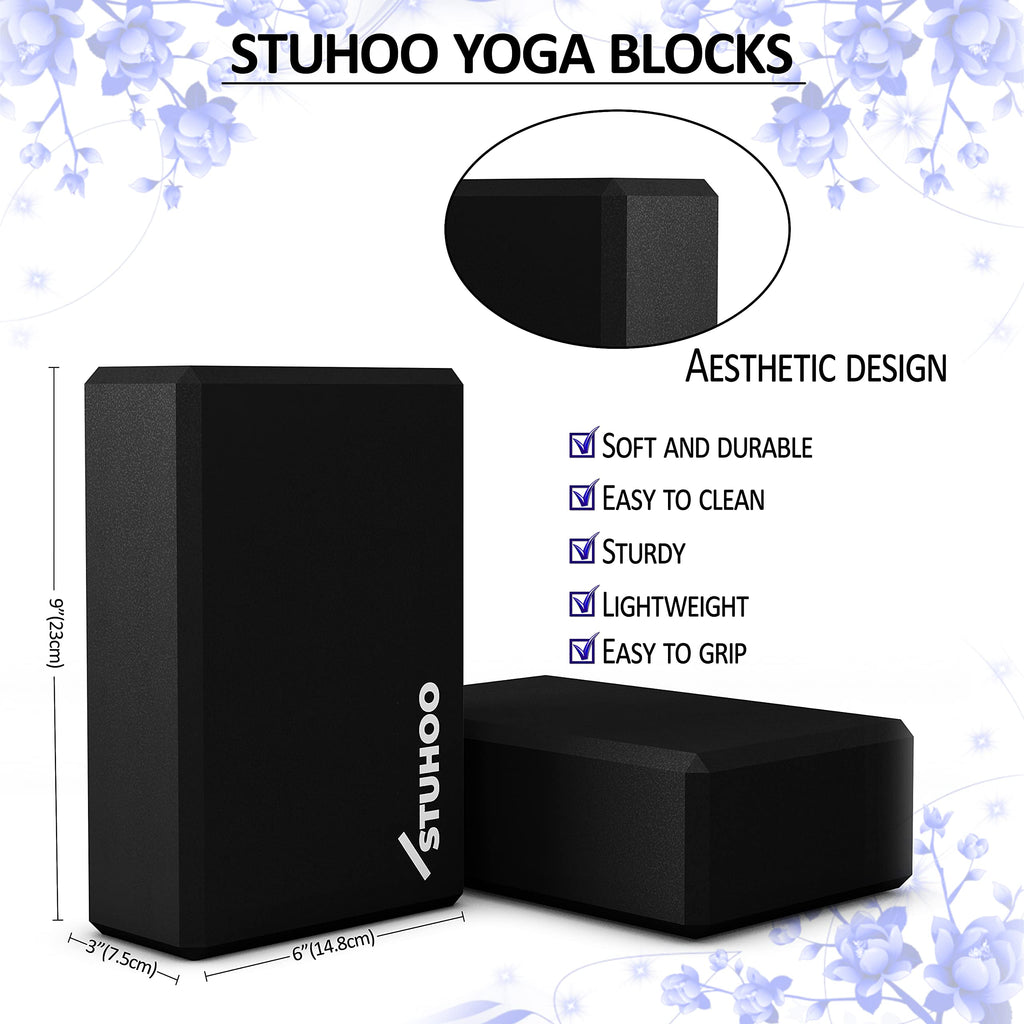 STUHOO Yoga Blocks 2 pack and Yoga Strap Includes Descriptive E-book for Beginners Sturdy Yoga Brick & Lightweight Eva Foam Block Support Deepen Poses, Provides Strength & Stability for Pilates Practice