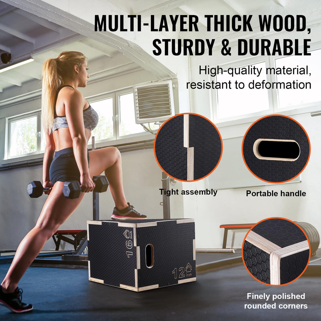 VEVOR 3 in 1 Plyometric Jump Box, Easy-to-Assemble Wood Plyo Box for Jumping Trainers, Home Gym Training and Conditioning