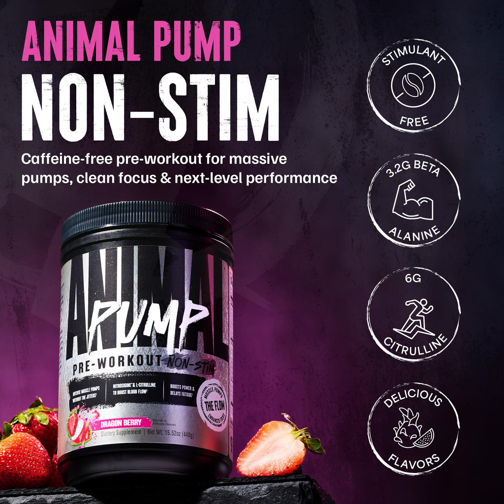 Animal Pump NS Stim-Free Pre Workout Powder for Men & Women - Caffeine-Free Preworkout for Energy, Focus, and Muscle Builder, Beta Alanine, Citrulline, Nitrosigine and Nootropics, Dragon Berry, 440g