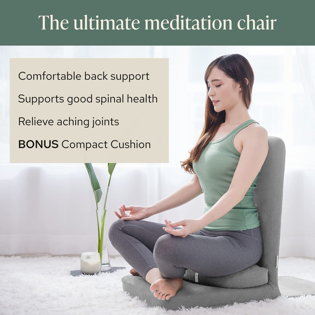 Mindful Modern Folding Pro Meditation Chair - Adjustable Meditation Seat with Back Support and Half Moon Buckwheat Meditation Cushion - Comfortable Mindfulness Living Room Floor Chair