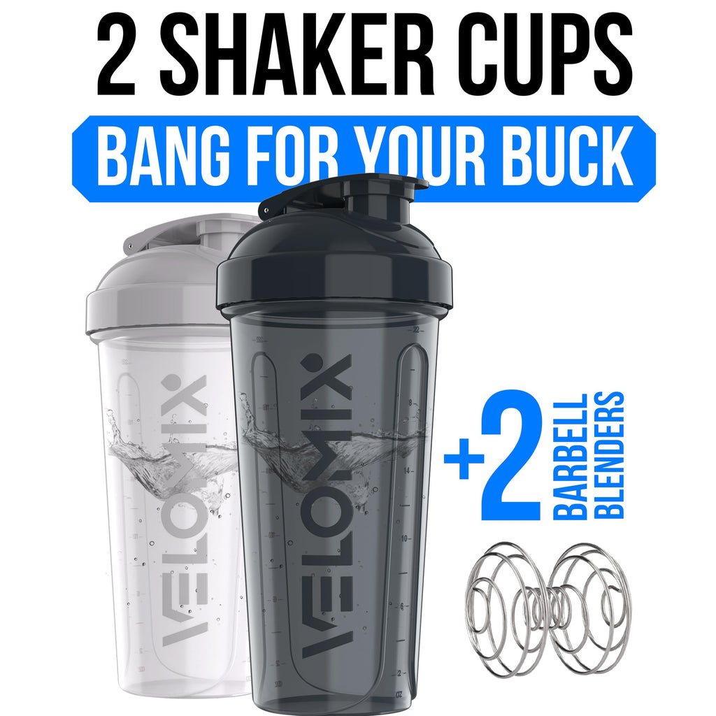 VELOMIX -2 Pack- 28 oz Protein Shaker Bottles for Protein Mixes - 2x Wire Whisk | Leak Proof Shaker Cups for Protein Shakes | Protein Shaker Bottle Pack (Black/Transparent)