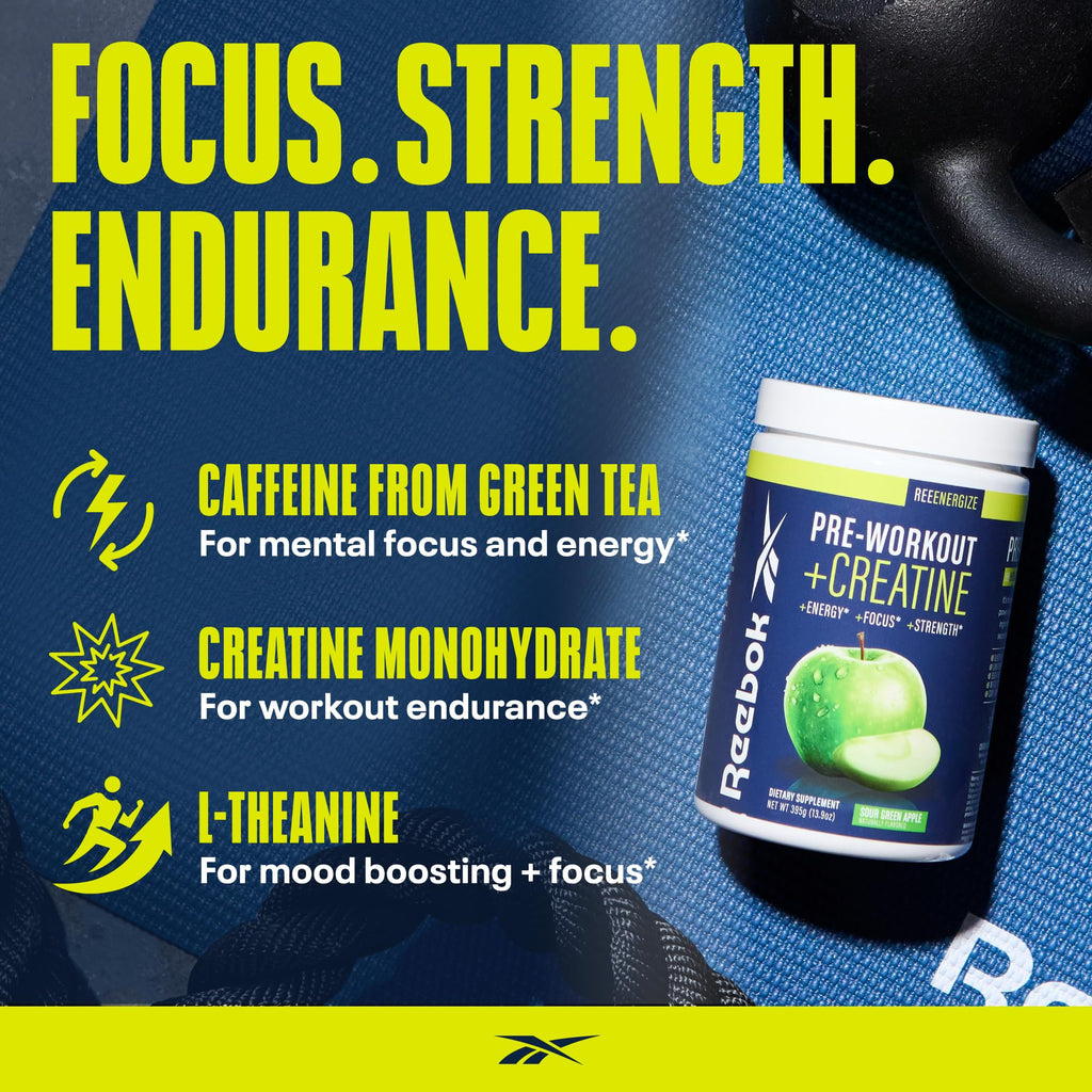Reebok Pre-Workout Powder | 200mg Natural Caffeine, 3g Creatine Monohydrate | Clean Energy Pre Workout for Strength, Focus & Pump | Informed-Sport Certified | ReeEnergize | Sour Green Apple