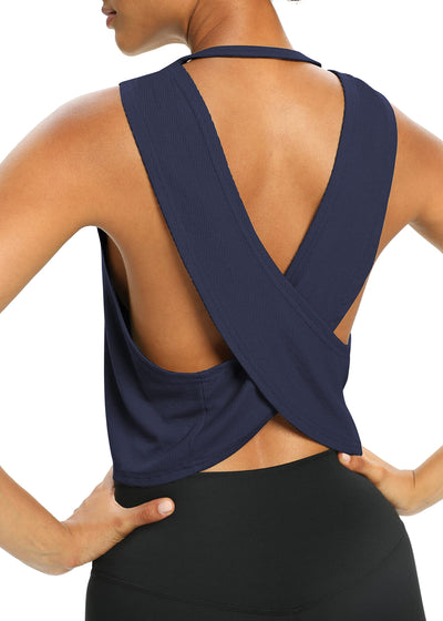 Bestisun Womens Open Back Workout Shirts Cropped Yoga Tank Tops Backless Athletic Clothes