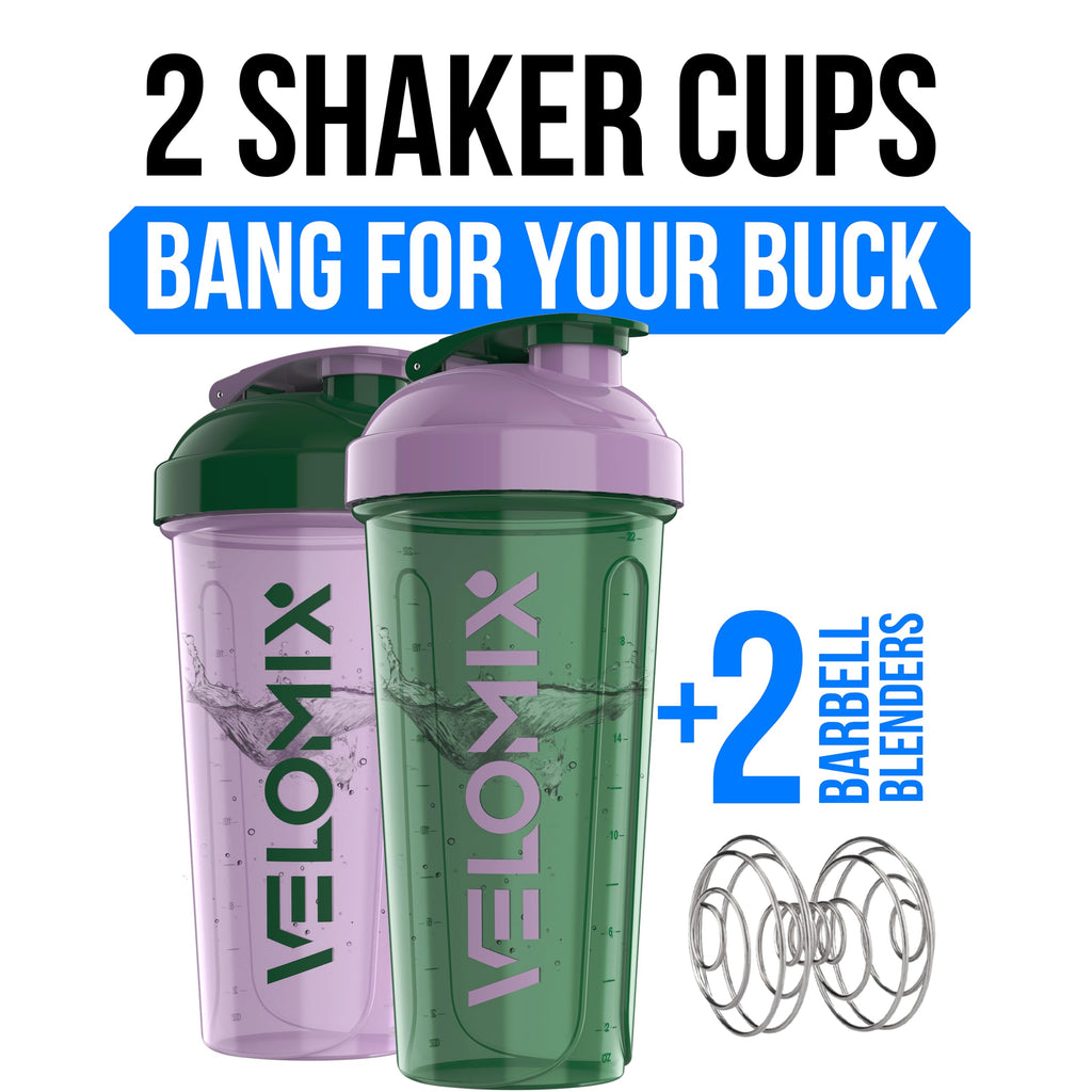 VELOMIX -2 Pack- 28 oz Protein Shaker Bottles for Protein Mixes - 2x Wire Whisk | Leak Proof Shaker Cups for Protein Shakes | Protein Shaker Bottle Pack (Black/Transparent)