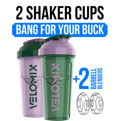 VELOMIX -2 Pack- 28 oz Protein Shaker Bottles for Protein Mixes - 2x Wire Whisk | Leak Proof Shaker Cups for Protein Shakes | Protein Shaker Bottle Pack (Black/Transparent)